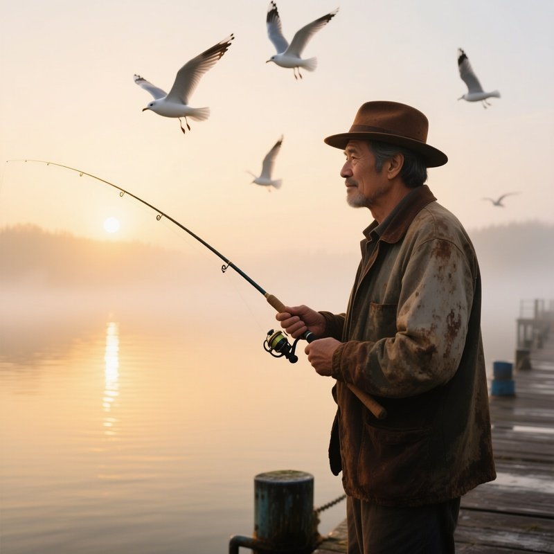 A Middle‑Aged Man In A Weathered Brown Fedora Stands On A Misty Pier At Sunrise, Fishing Rod In