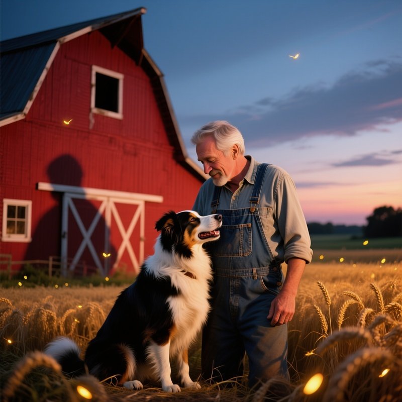 A Middle‑Aged White Farmer In Denim Overalls Sharing A Tender Kiss With His Loyal Border Collie