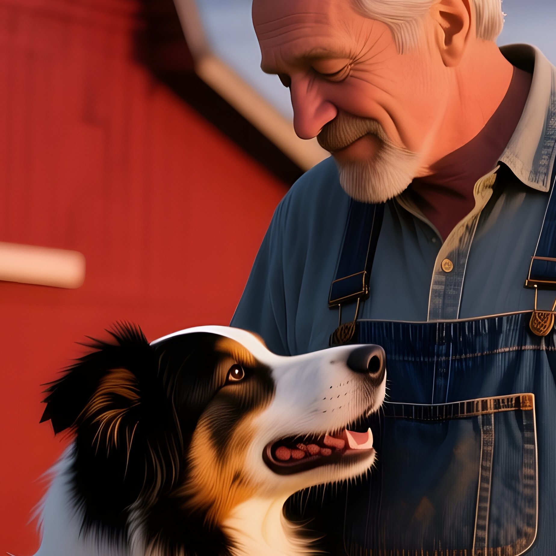 A Middle‑Aged White Farmer In Denim Overalls Sharing A Tender Kiss With His Loyal Border Collie - Full Resolution Quality Preview