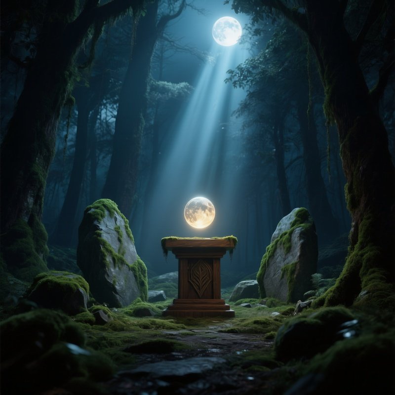 A Midnight Forest Altar Lit By Moonbeams Piercing The Canopy, Ancient Stones Covered In Moss, A
