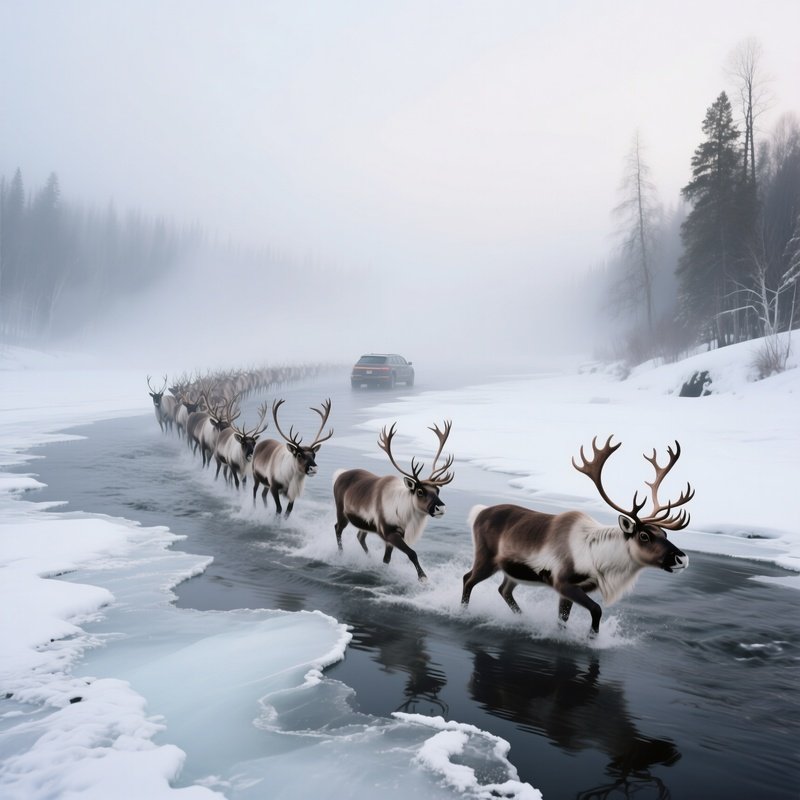 A Migrating Caribou Herd Crossing A Frozen River In Mist.