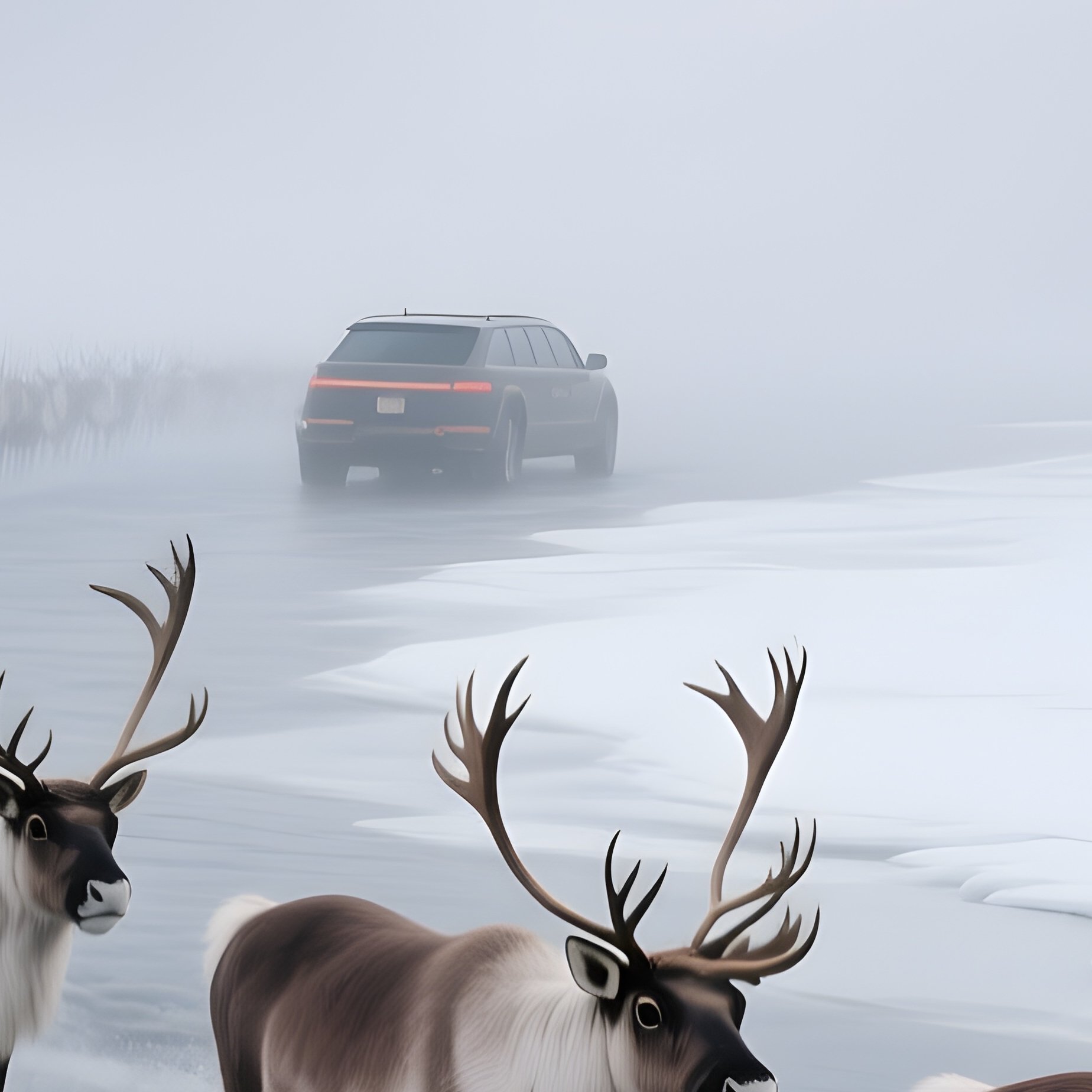 A Migrating Caribou Herd Crossing A Frozen River In Mist. - Full Resolution Quality Preview