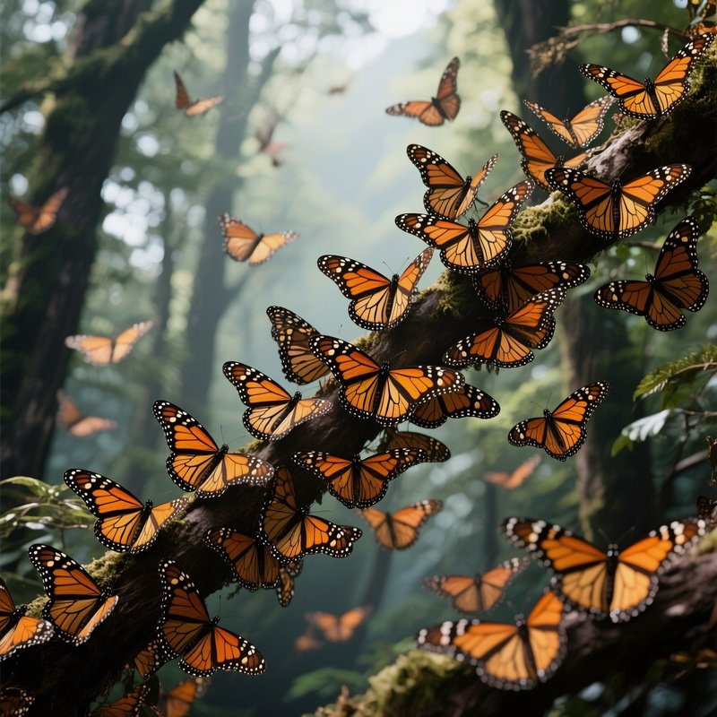 A Migrating Monarch Butterfly Cluster Blanketing Forest Branches.