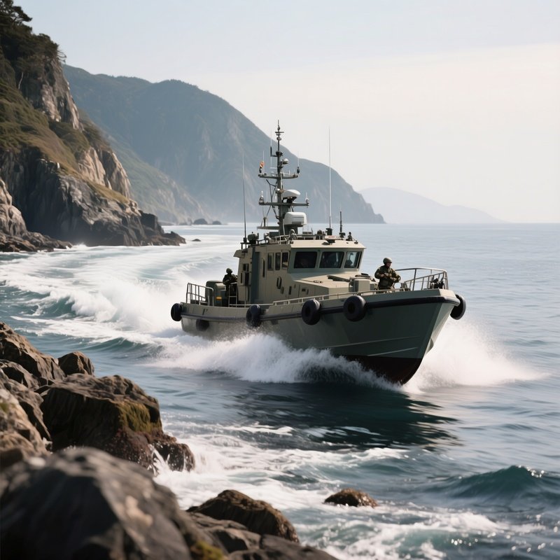 A Military Patrol Boat Moving Swiftly Along A Rocky Coastline