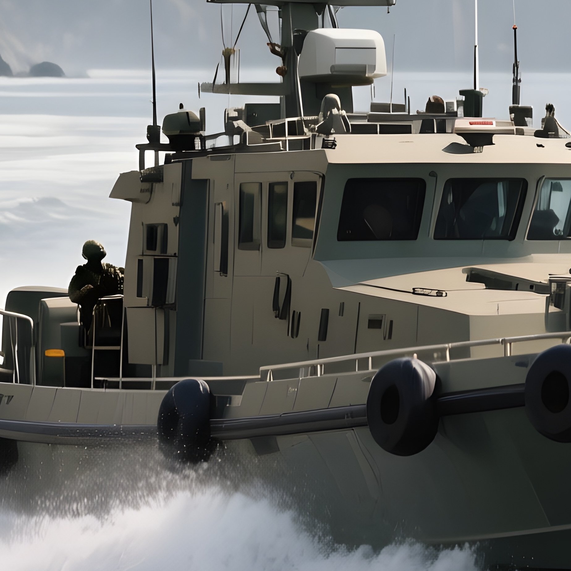 A Military Patrol Boat Moving Swiftly Along A Rocky Coastline - Full Resolution Quality Preview