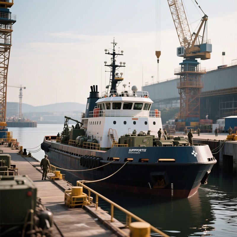 A Military Support Barge Near An Engineering Dock