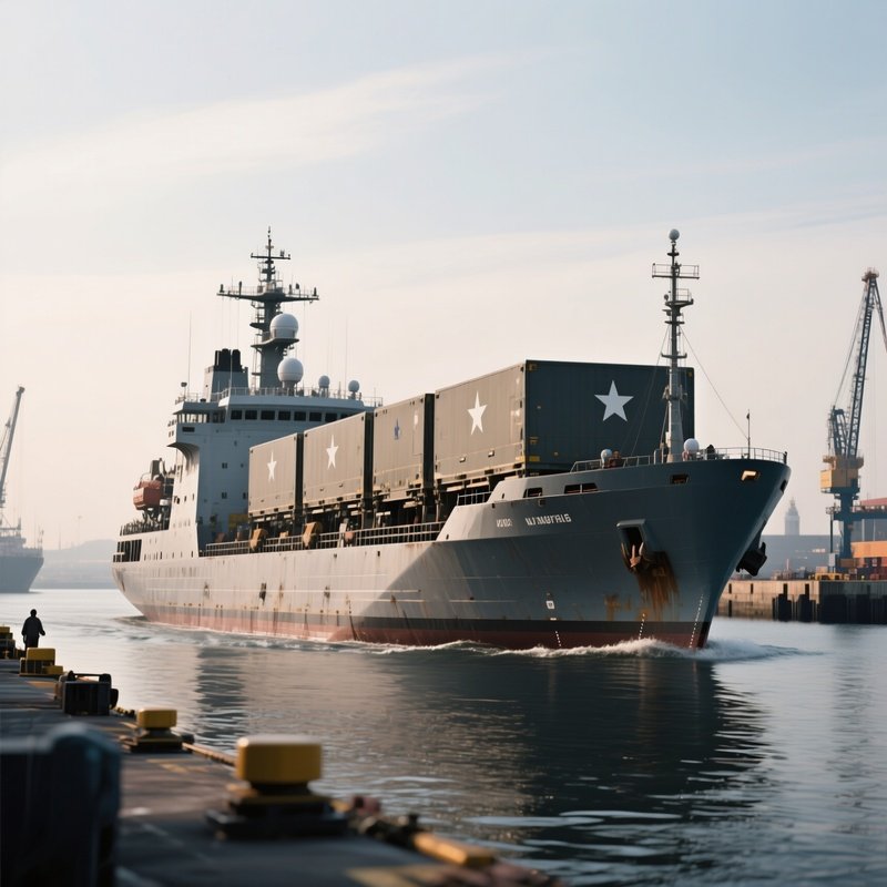 A Military Transport Ship Moving Slowly Through A Harbor
