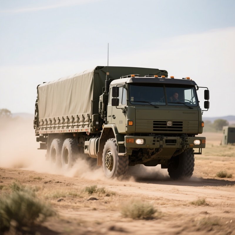 A Military Transport Truck Moving Through A Dusty Training Field