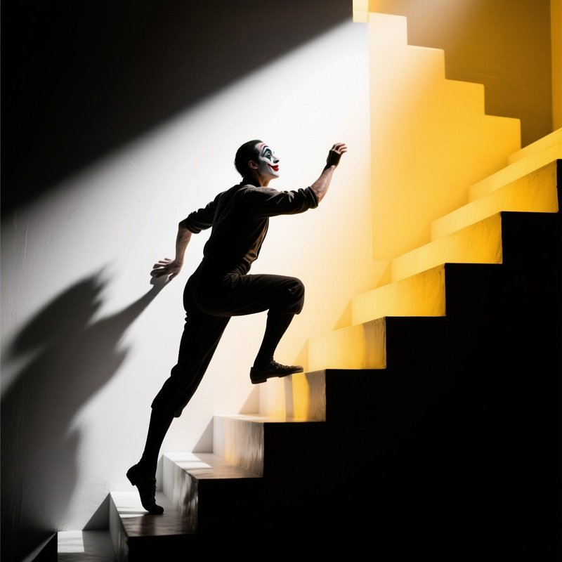 A Mime Climbing Invisible Stairs Under Soft Spotlight