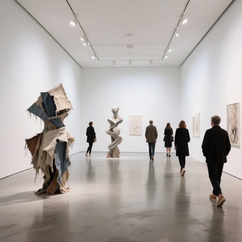 A Minimalist Art Gallery With White Walls, Polished Concrete Floors, Spotlights Highlighting