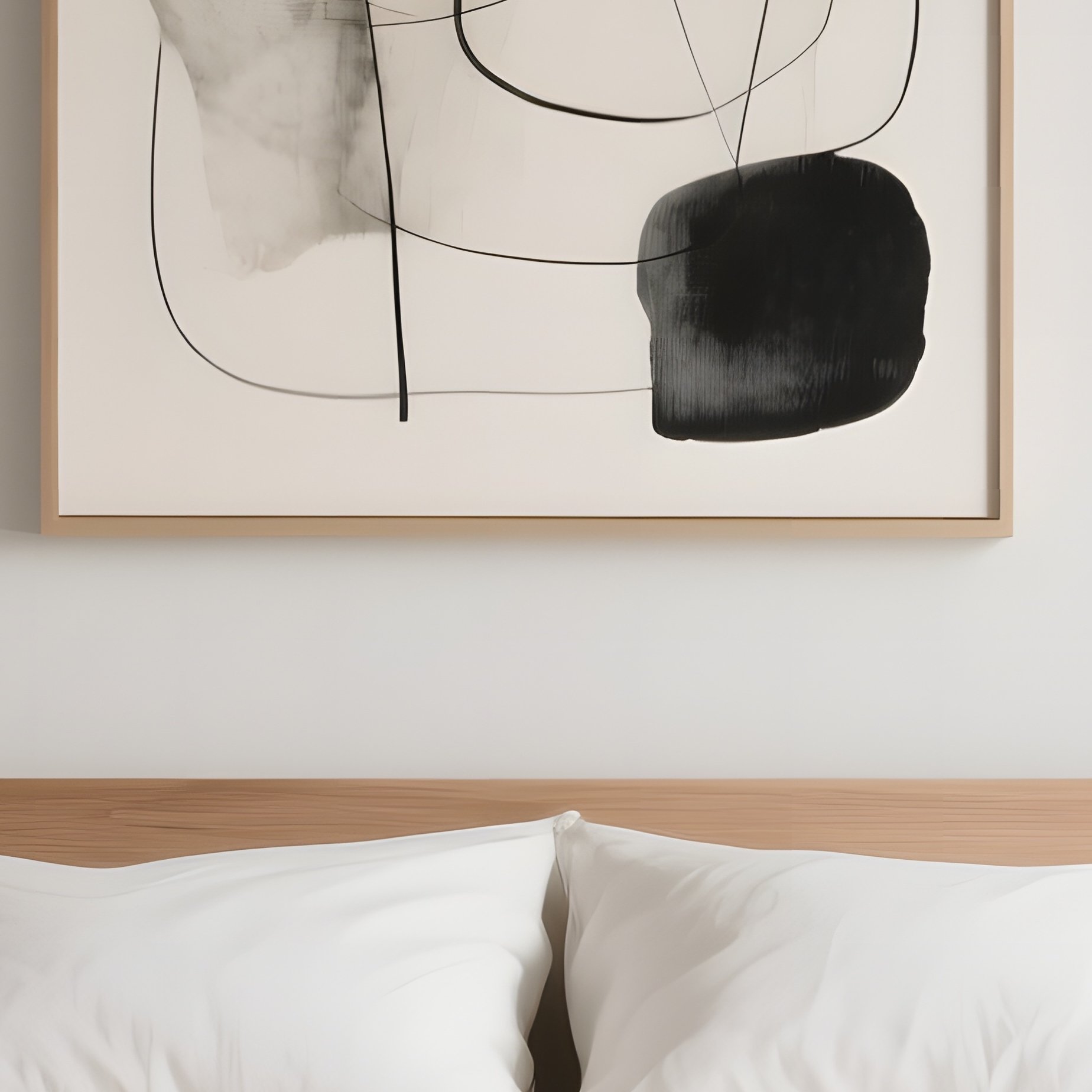 A Minimalist Bedroom Featuring A Simple Wooden Bed, Linen Bedding, And A Single Piece Of Abstract Art - Full Resolution Quality Preview