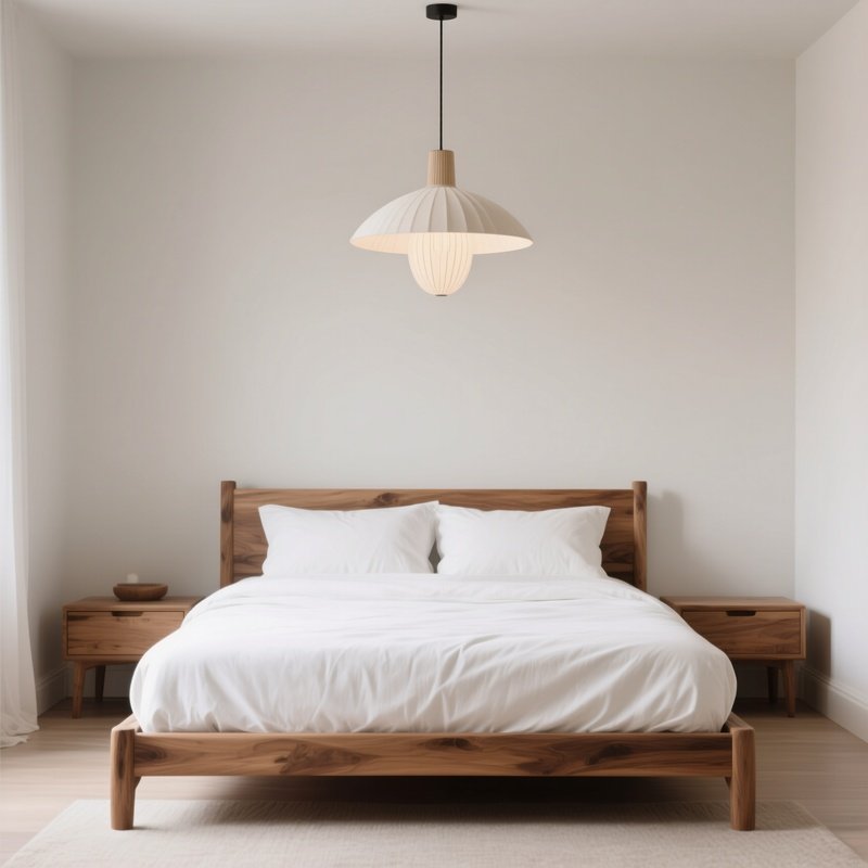 A Minimalist Bedroom Scene Highlighting A Handcrafted Wooden Bed Frame With Crisp White Linens And A Statement Pendant Light Above