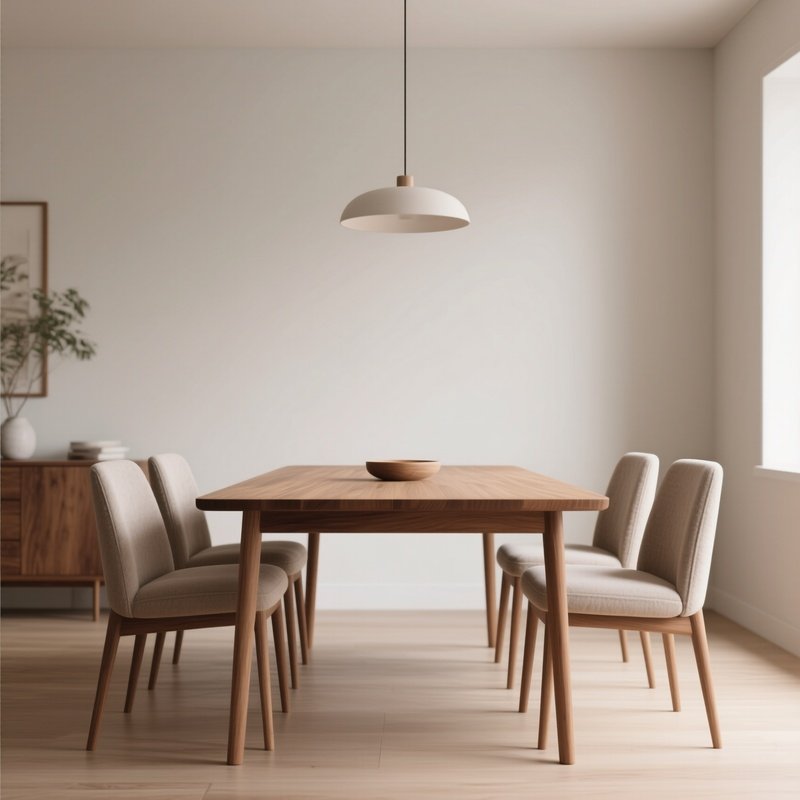 A Minimalist Dining Room Featuring A Solid Wood Table And Simple Upholstered Chairs