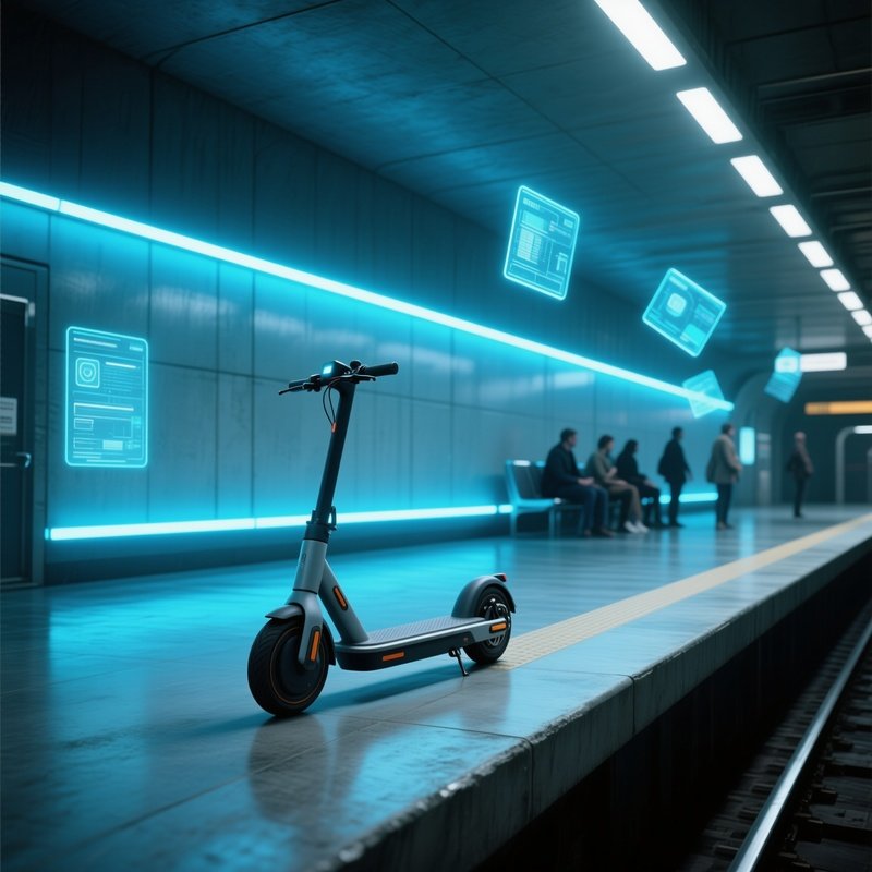 A Minimalist Electric Scooter Resting On A Polished Concrete Platform In A Futuristic Underground