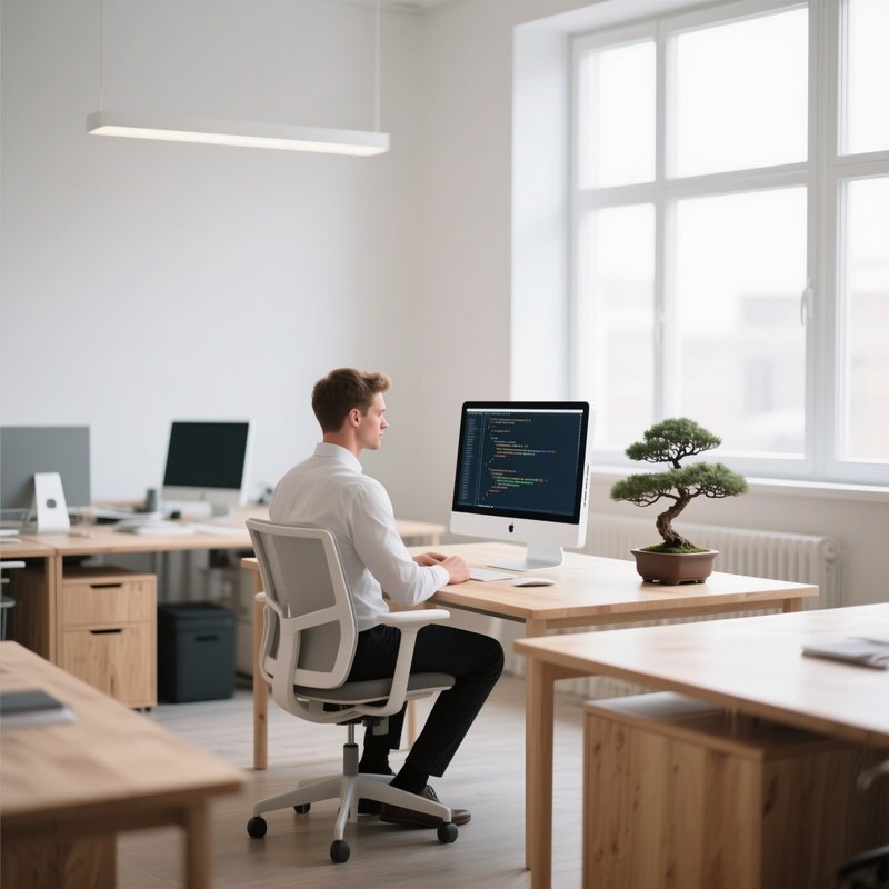 A Minimalist Scandinavian Office With Light Wood Desks, A Six‑Pack Male Seated Upright, Crisp White