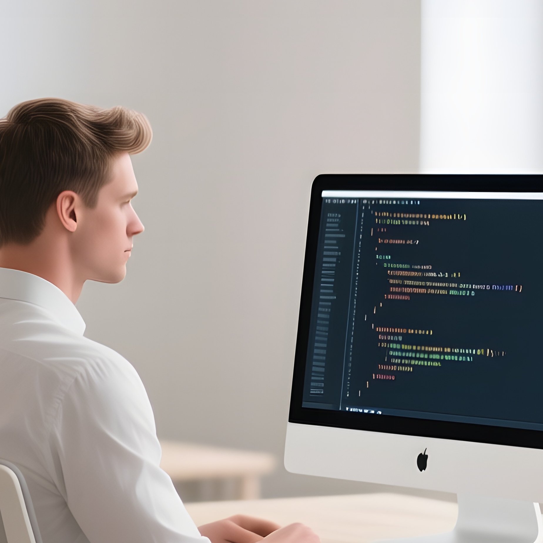A Minimalist Scandinavian Office With Light Wood Desks, A Six‑Pack Male Seated Upright, Crisp White - Full Resolution Quality Preview