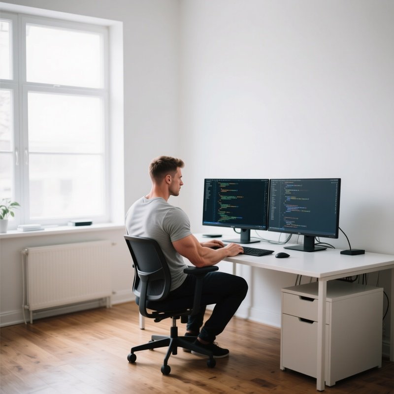 A Minimalist Scandinavian Office With White Walls And Wooden Floors, A Muscular Man In A Light Gray