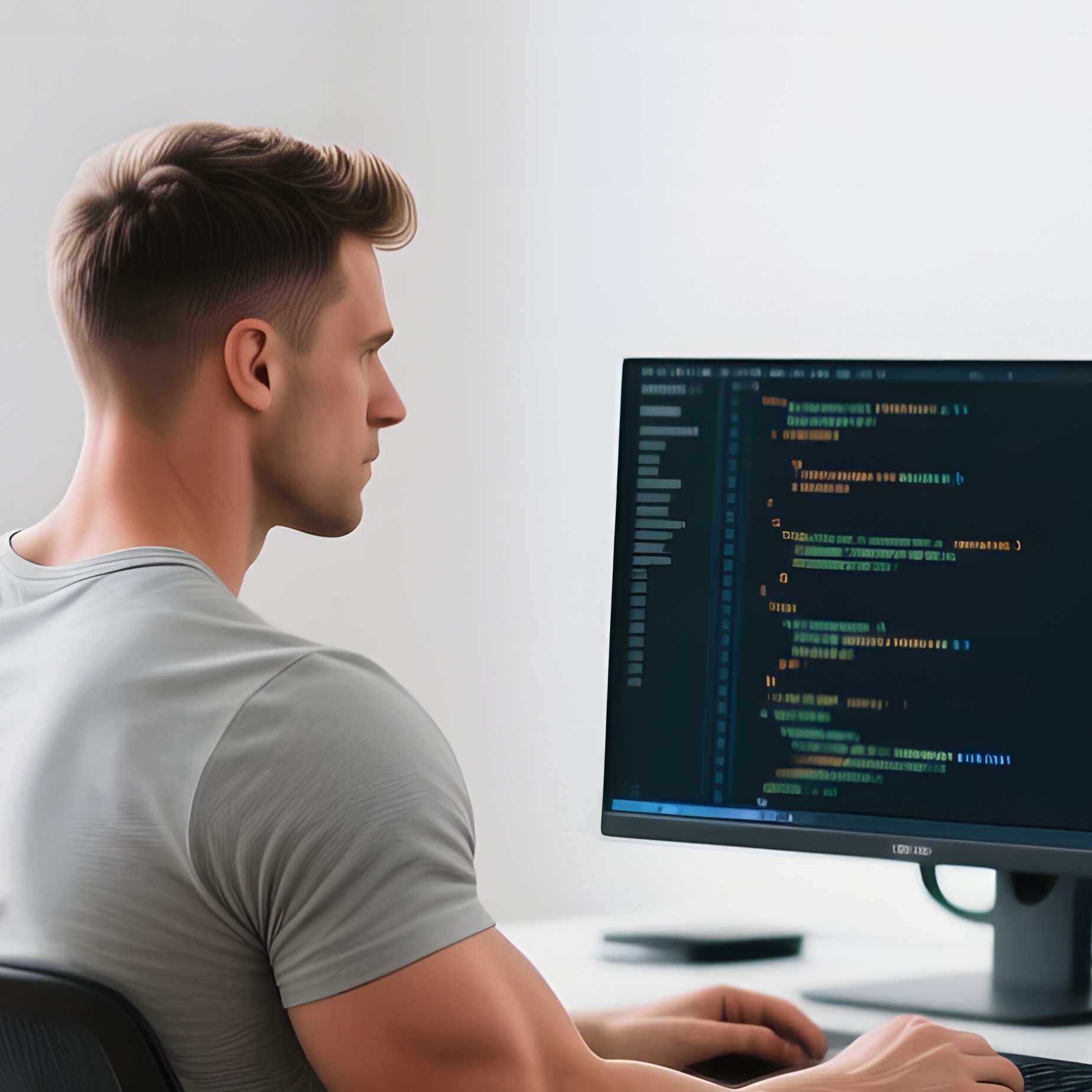 A Minimalist Scandinavian Office With White Walls And Wooden Floors, A Muscular Man In A Light Gray - Full Resolution Quality Preview