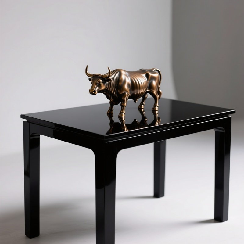 A Minimalist Studio Scene With A Small Bronze Bull On A Reflective Black Table
