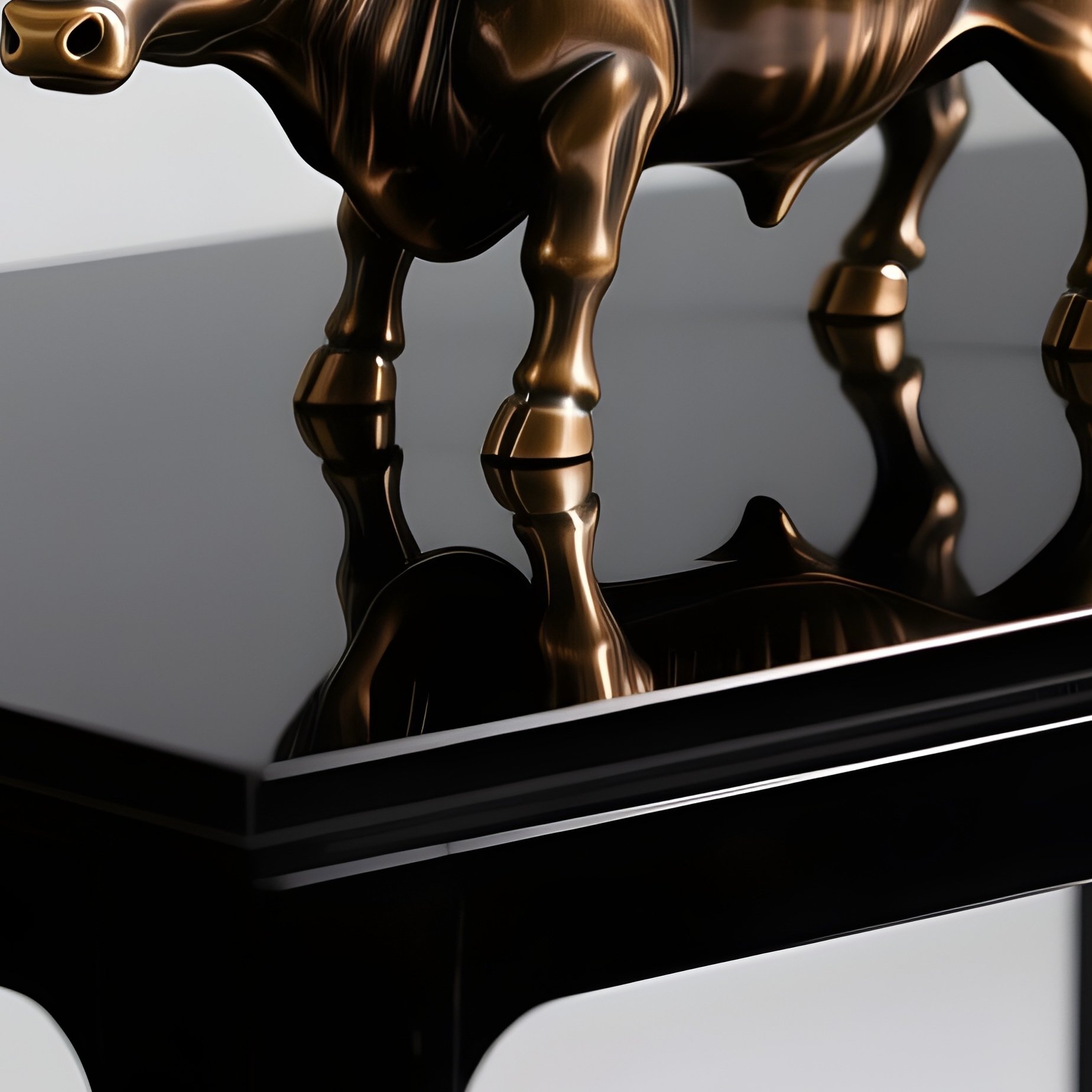 A Minimalist Studio Scene With A Small Bronze Bull On A Reflective Black Table - Full Resolution Quality Preview