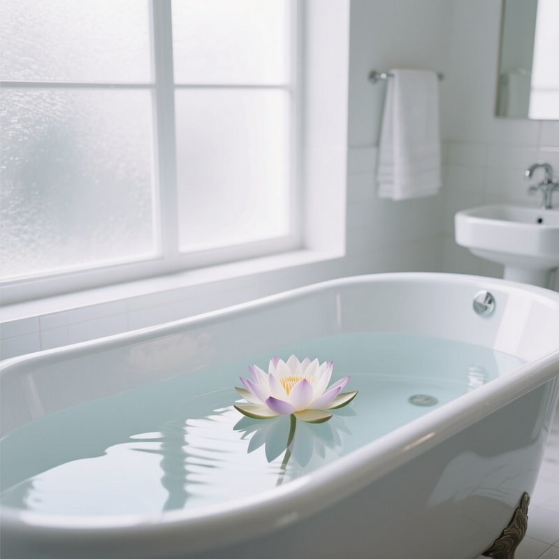 A Minimalist White Bathroom Featuring A Single Lotus Flower Floating In A Crystal Clear Bathtub,