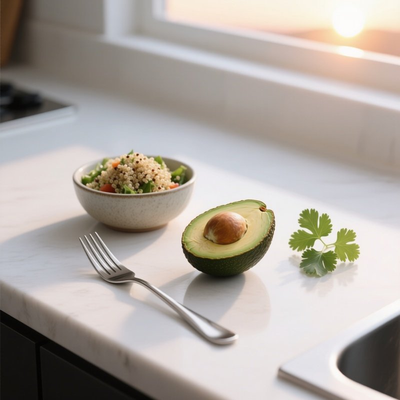 A Minimalist White Countertop At Sunrise, Holding A Single Ripe Avocado Sliced Open, A Small