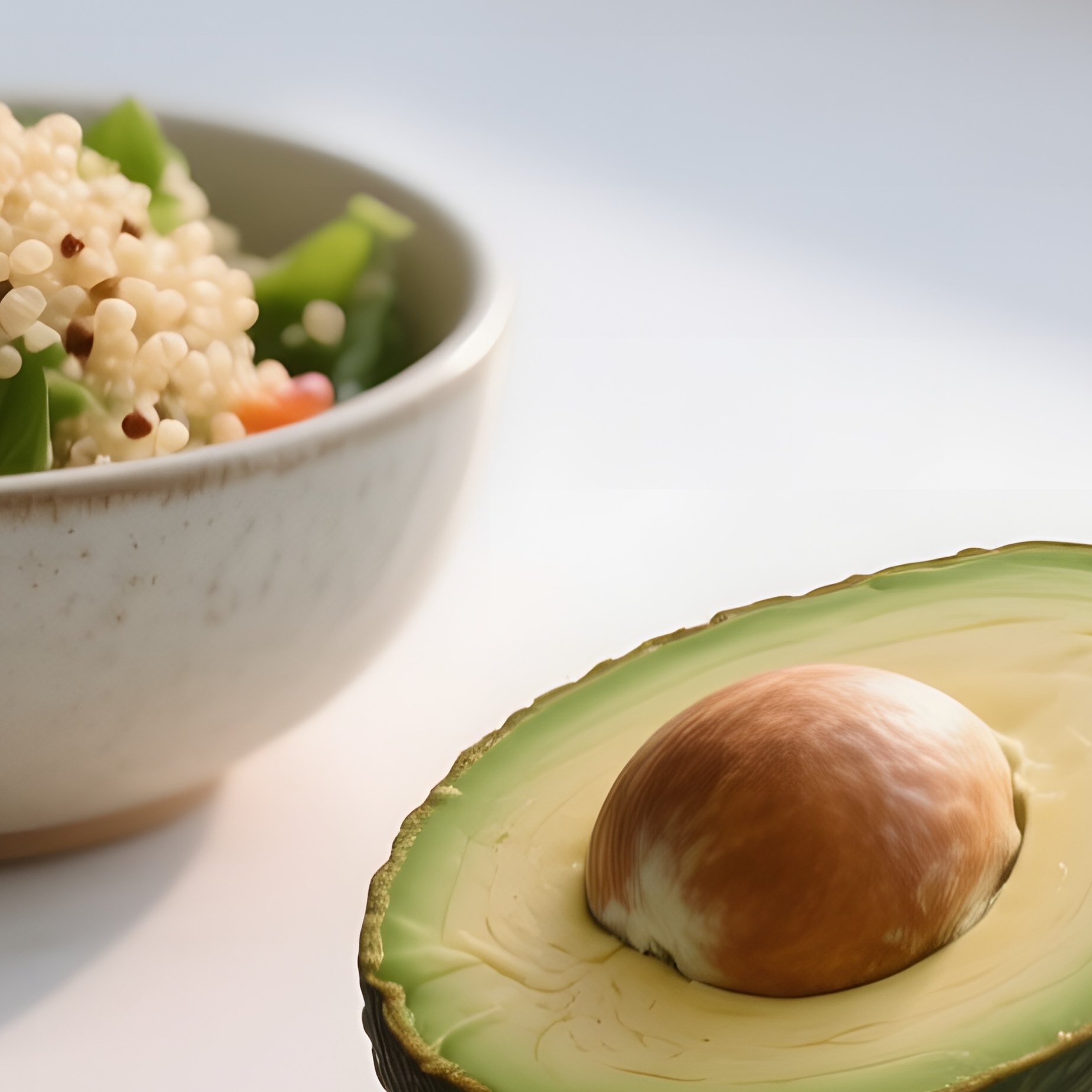 A Minimalist White Countertop At Sunrise, Holding A Single Ripe Avocado Sliced Open, A Small - Full Resolution Quality Preview