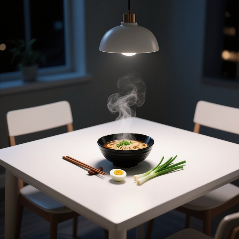 A Minimalist White Dining Table At Night, Lit By A Single Pendant Lamp, Displaying A Black Ceramic