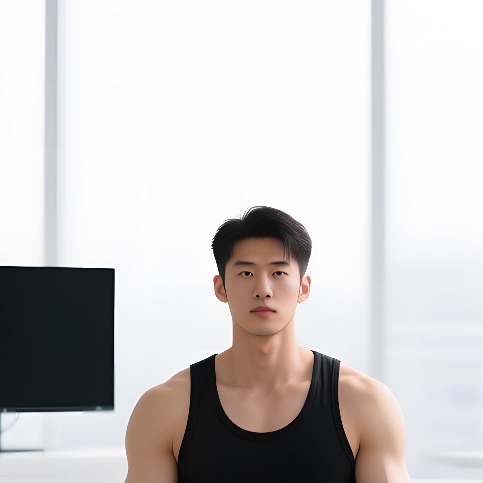 A Minimalist White Office With Floor‑To‑Ceiling Glass Walls, A Toned Man In A Fitted Black Tank Top - Full Resolution Quality Preview