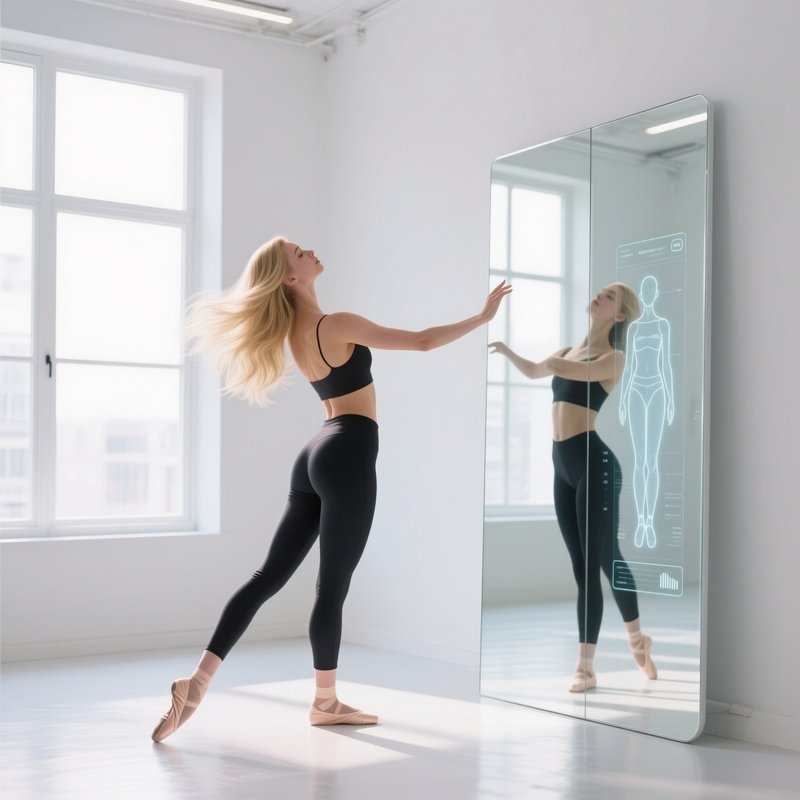A Minimalist White Studio With Large Windows, A Graceful Dancer With Flowing Blond Hair Stretches