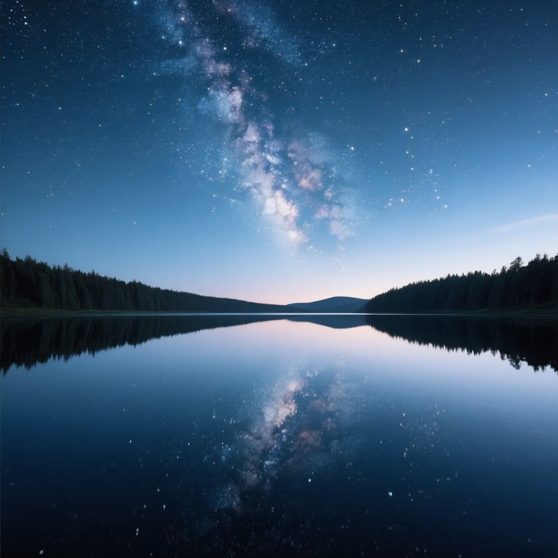 A Mirrored Lake Reflecting A Perfect Star Filled Sky.
