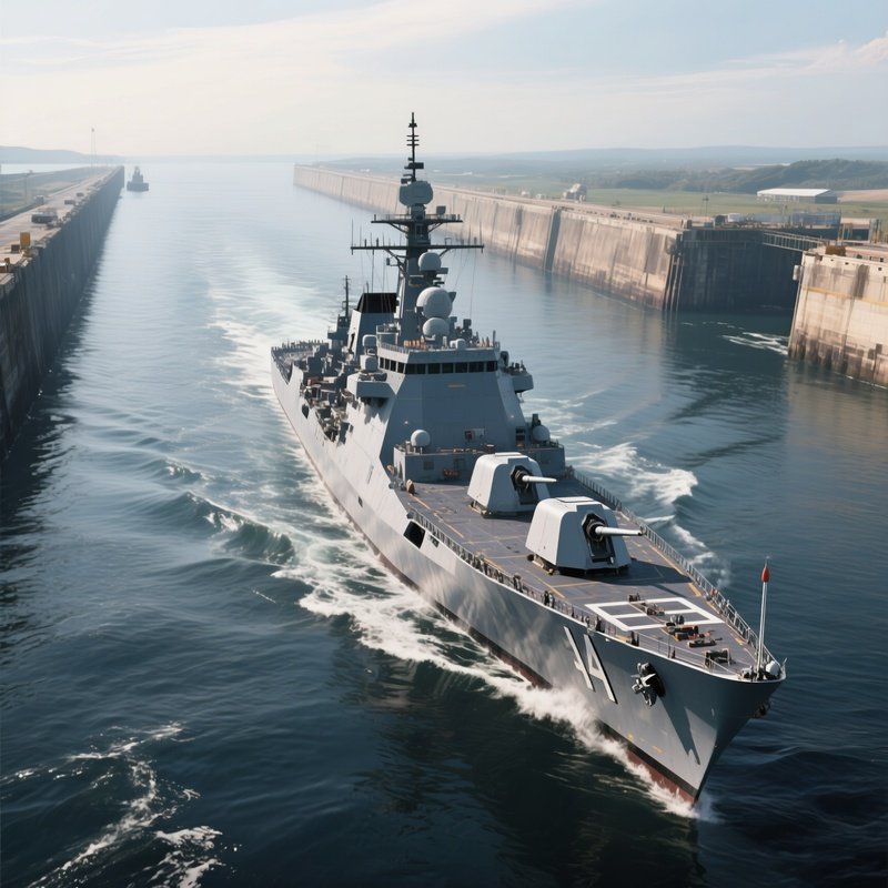 A Missile Cruiser Navigating A Wide Deepwater Channel