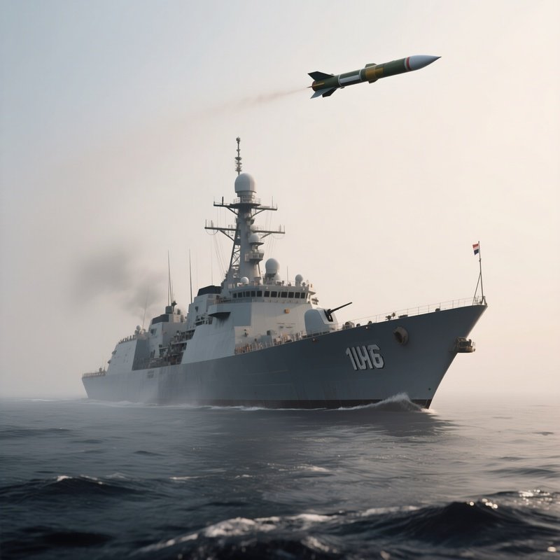 A Missile Frigate Dotting The Horizon In Hazy Conditions
