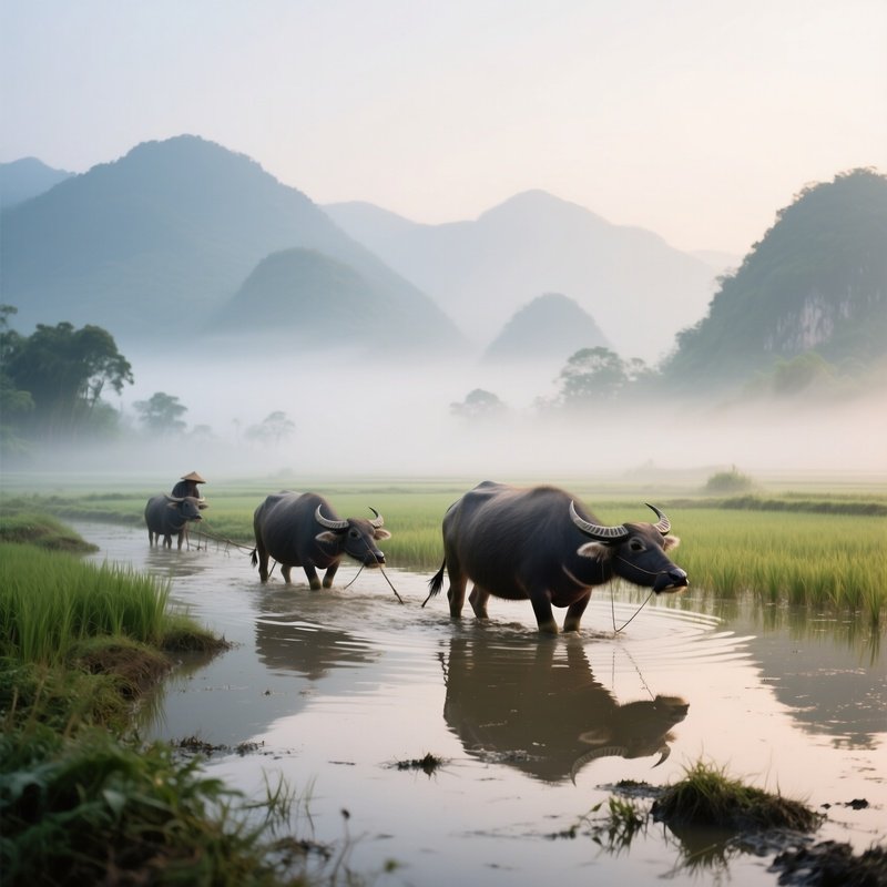 A Mist Covered Early Morning On A Vietnamese Rice Paddy, Water Buffaloes Trudging Through Shallow