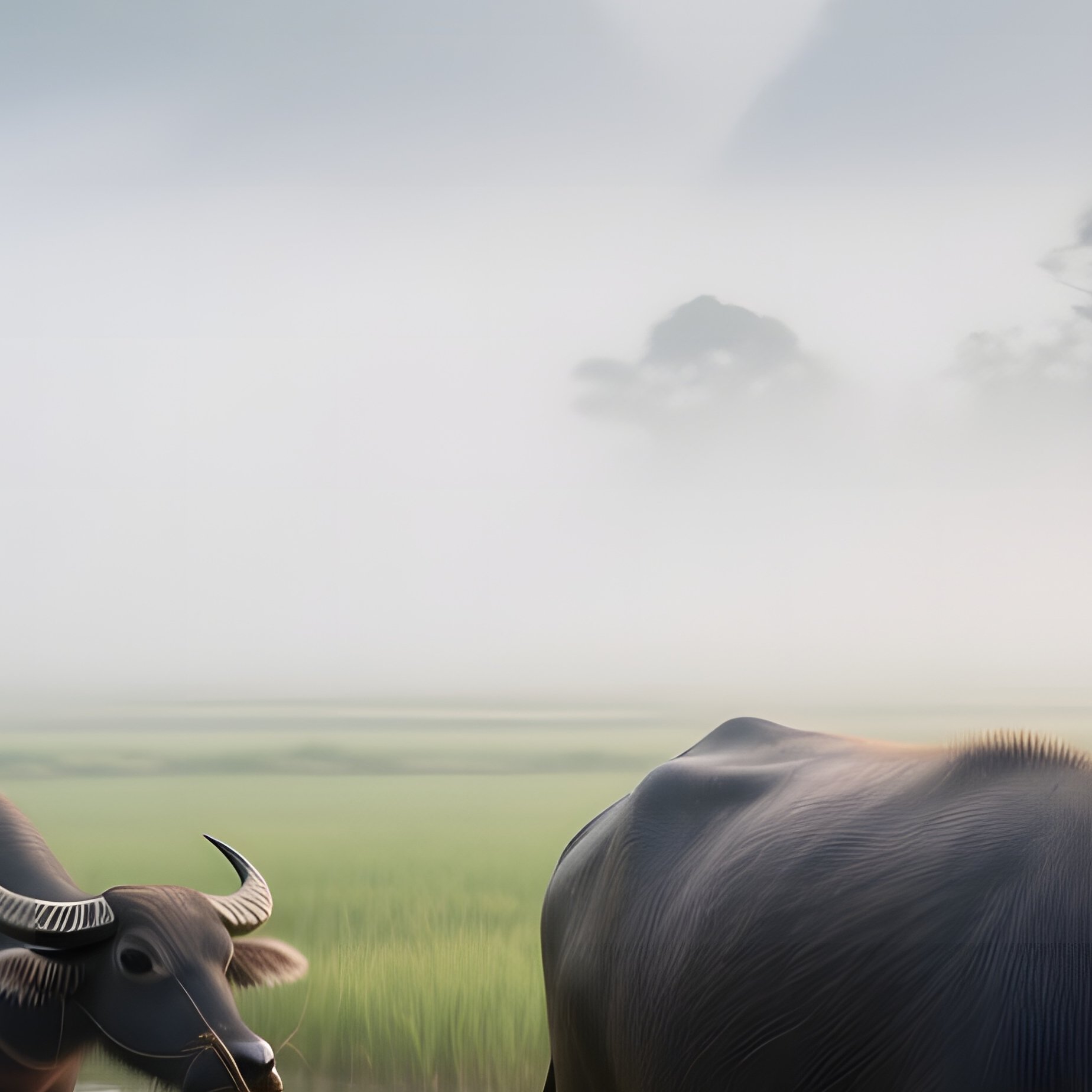 A Mist Covered Early Morning On A Vietnamese Rice Paddy, Water Buffaloes Trudging Through Shallow - Full Resolution Quality Preview