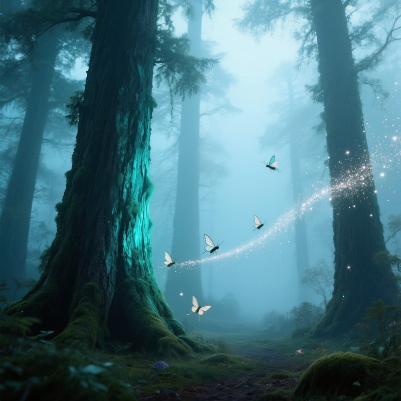 A Mist‑Filled Dawn In A Fairy Tale Woodland Where Towering Cedars Have Bark That Glows Faintly