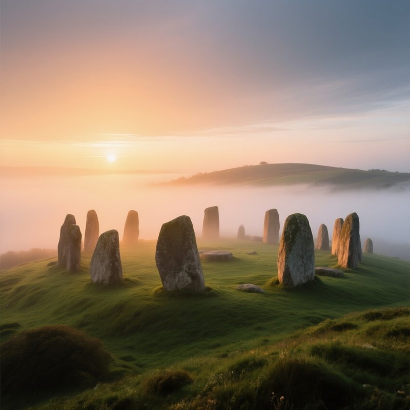 A Mist‑Shrouded Ancient Stone Circle Atop A Green Hillside, Sunrise Breaking Through Fog,