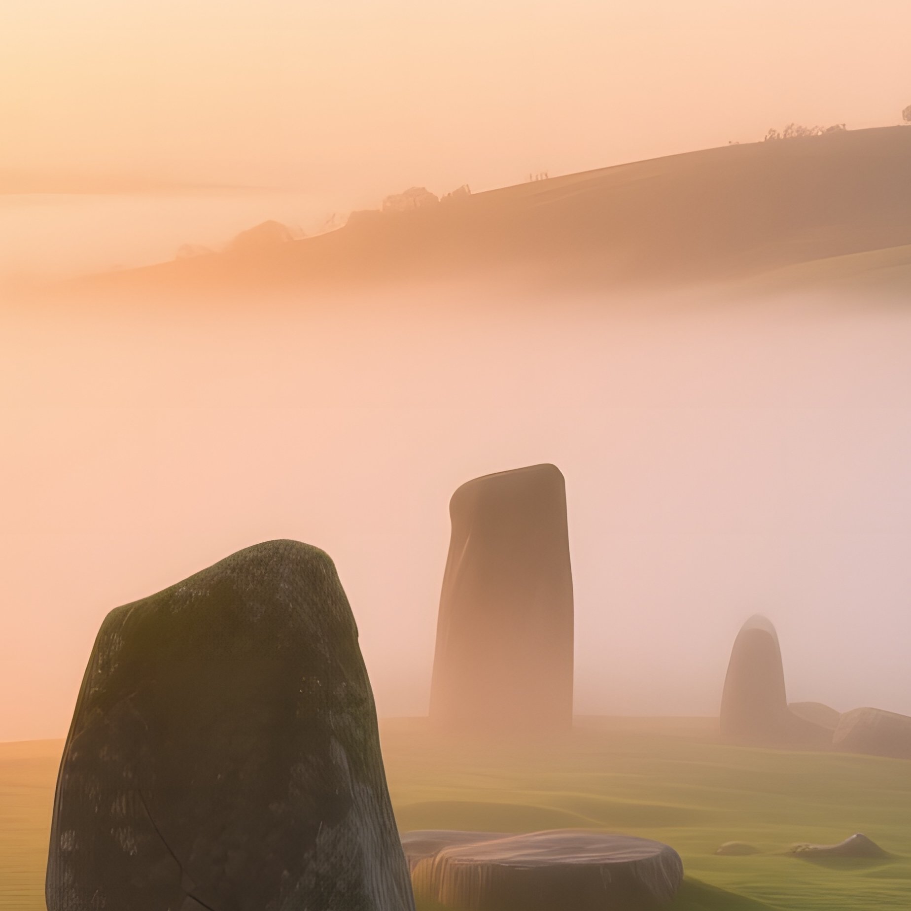 A Mist‑Shrouded Ancient Stone Circle Atop A Green Hillside, Sunrise Breaking Through Fog, - Full Resolution Quality Preview