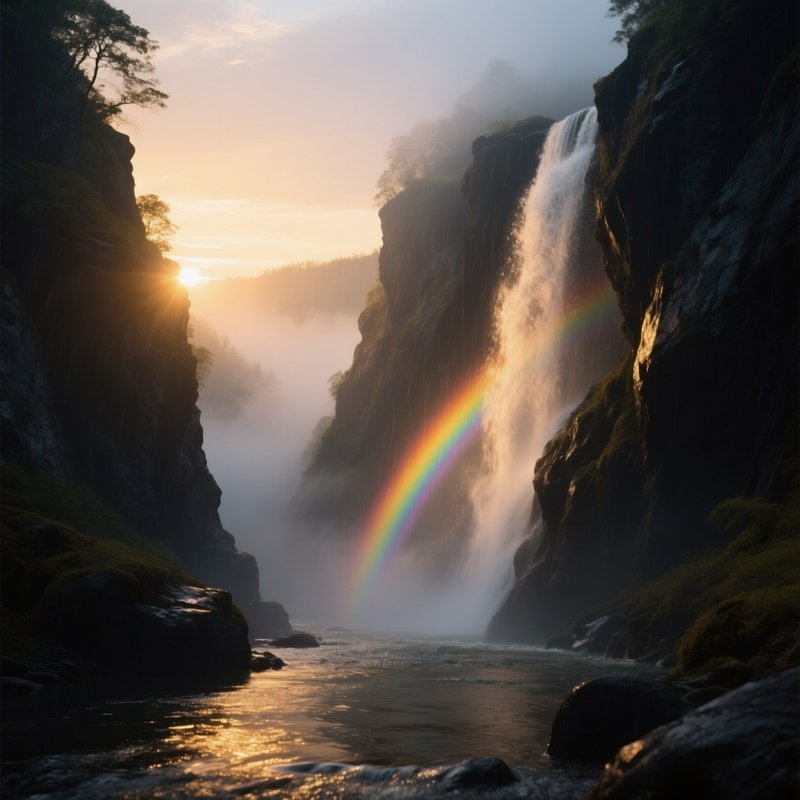 A Mist Shrouded River Gorge At Twilight, Waterfalls Catching The Last Golden Rays Of Sun, Creating