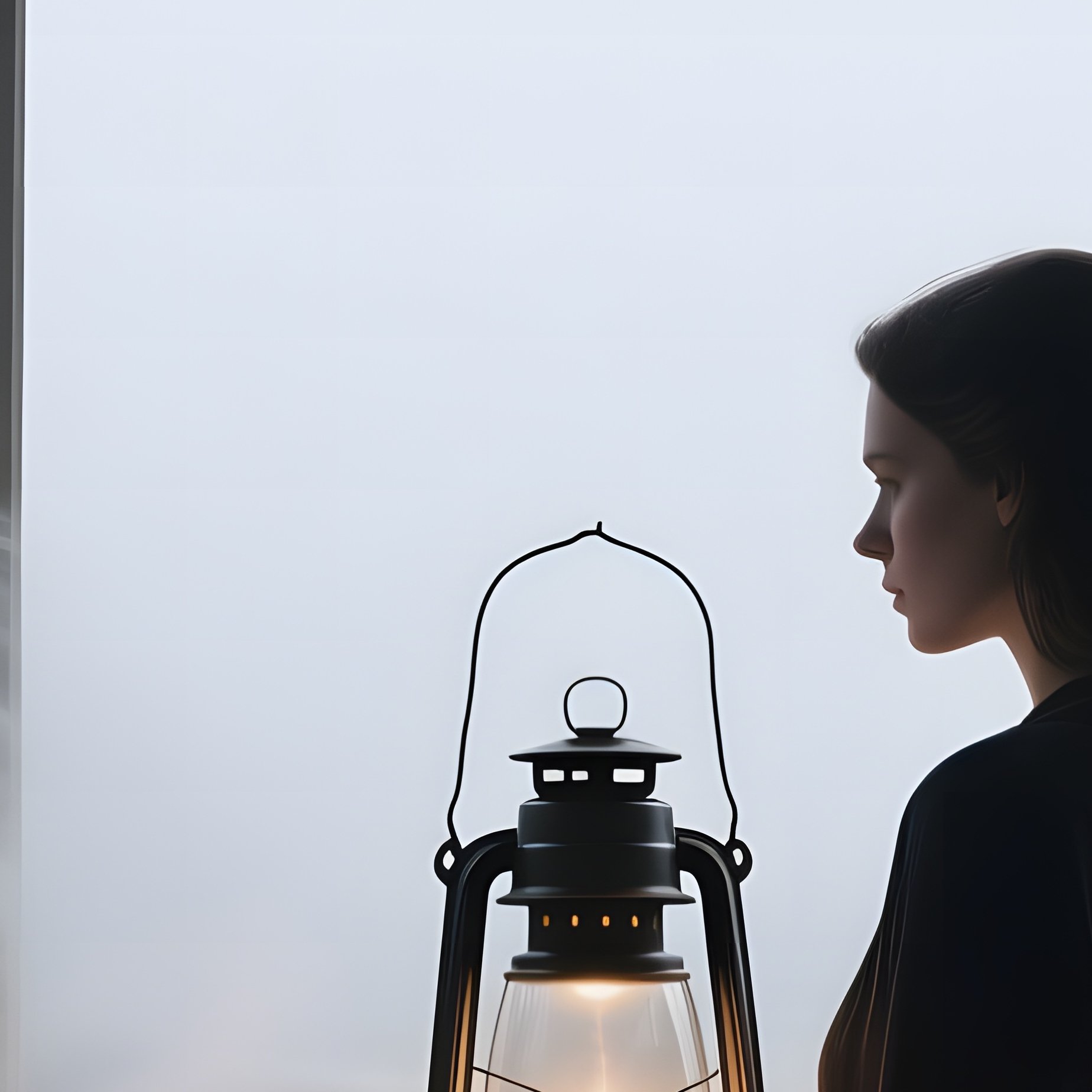 A Misty Coastal Lighthouse Interior, A Lone Woman Looking Out Through The Glass Lantern, Fog - Full Resolution Quality Preview