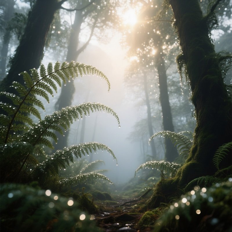 A Misty Dawn In A Fairy Tale Wood Where Towering Ferns Release Sparkling Dew Droplets That Catch