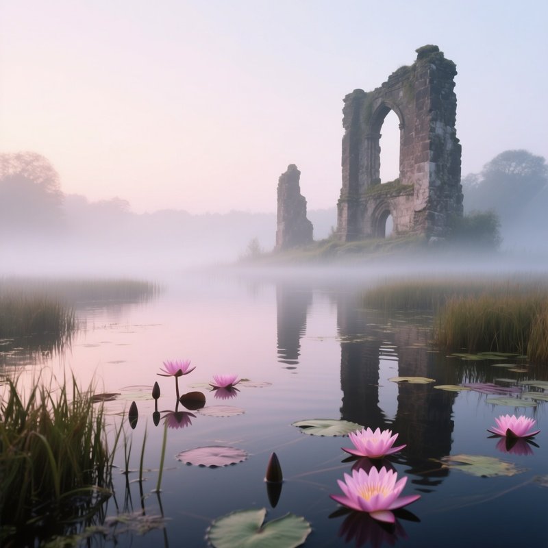 A Misty Dawn Over A Marshland Lake, Pale Pink Water Lilies Emerging From Fog, Ancient Stone Ruins