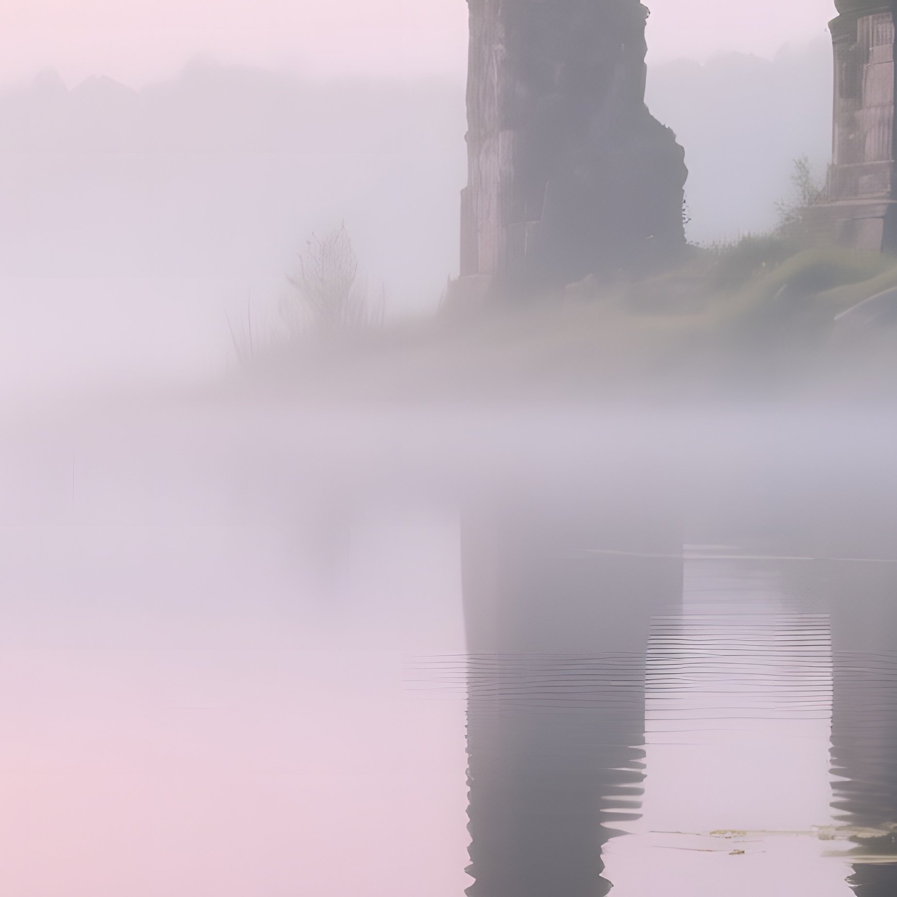 A Misty Dawn Over A Marshland Lake, Pale Pink Water Lilies Emerging From Fog, Ancient Stone Ruins - Full Resolution Quality Preview
