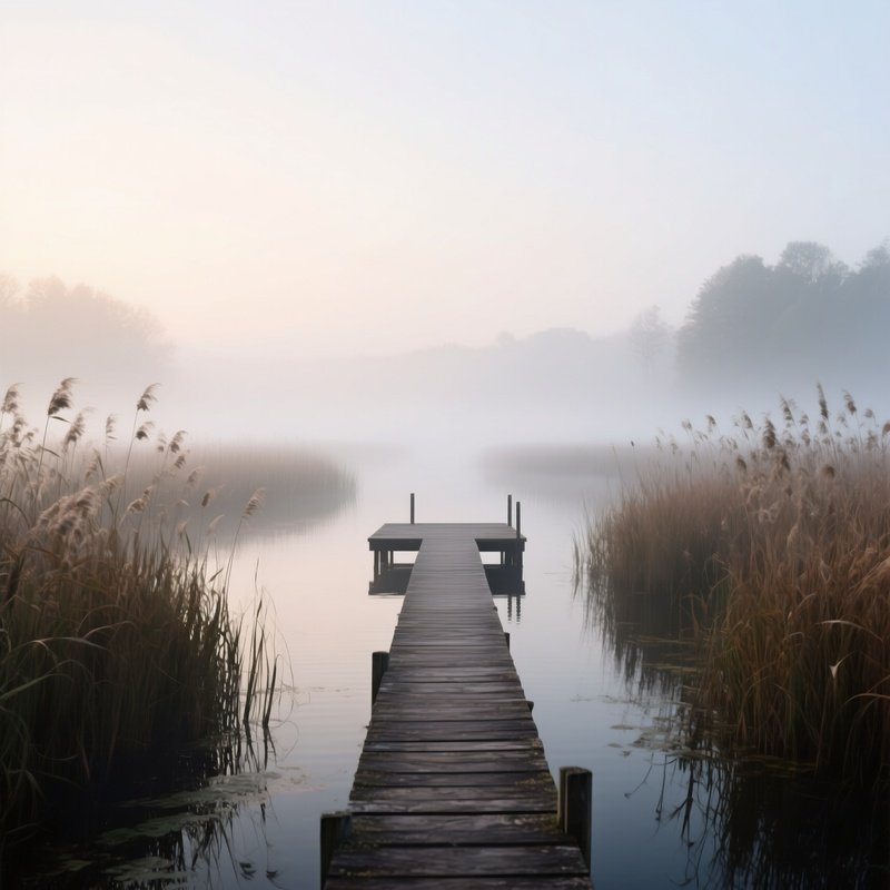 A Misty Dawn Over A Marshland Where Reeds Sway In Gentle Breezes, A Narrow Wooden Boardwalk Leading