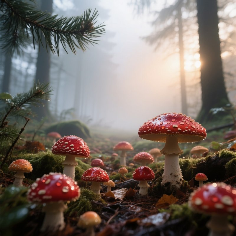 A Misty Early Morning Forest Floor In Germany Covered With A Variety Of Glossy Red Capped Fly
