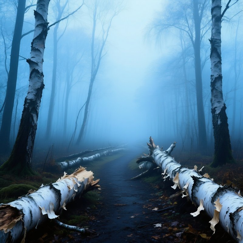 A Misty Early‑Morning Forest Path Lined With Fallen Birch Trunks, Bark Peeling To Reveal Creamy