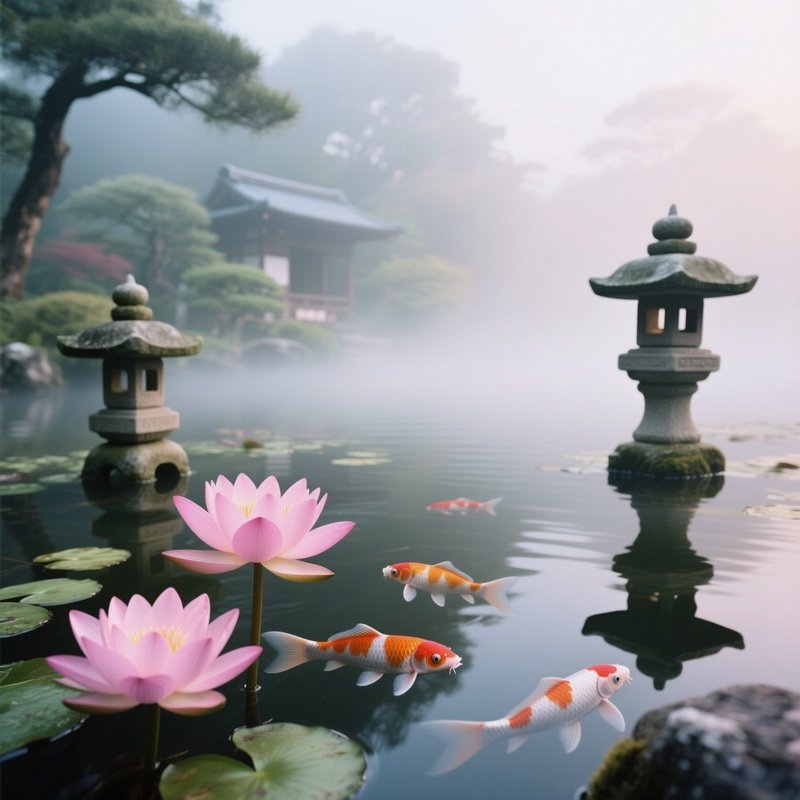 A Misty Early‑Morning Japanese Garden Pond, Soft Pink Lotus Flowers Opening Slowly, Koi Fish