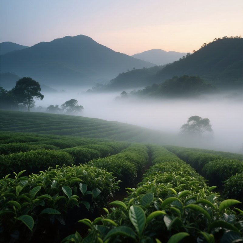 A Misty Evening In A Vietnamese Tea Plantation, Rows Of Green Leaves Disappearing Into Fog, Distant