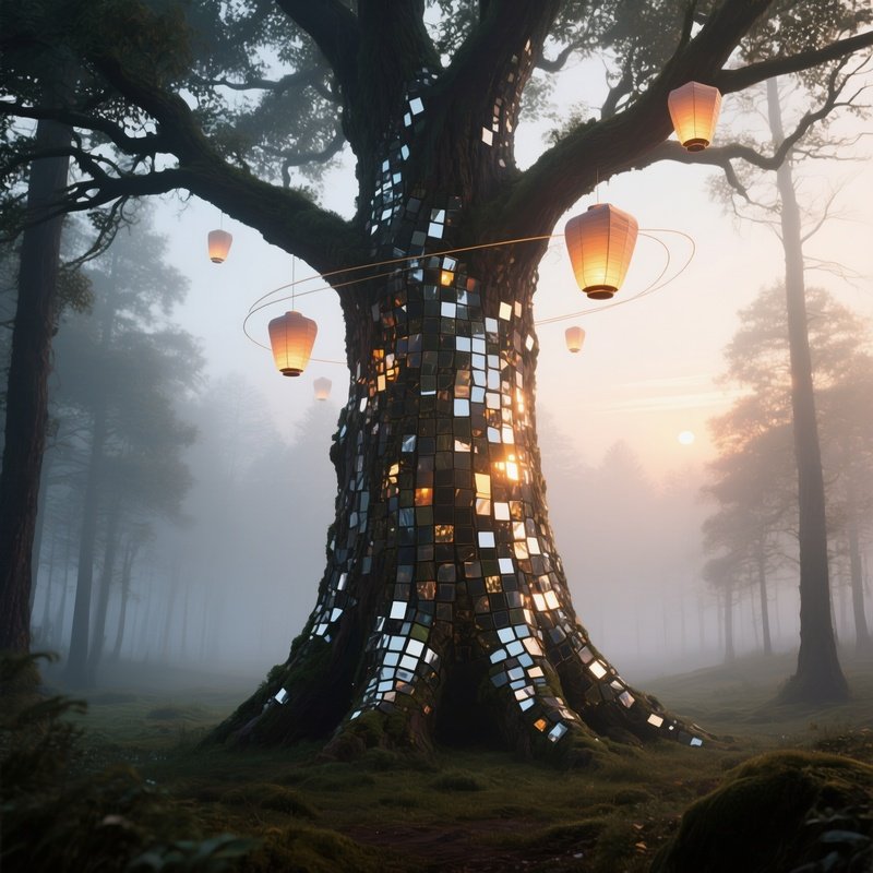 A Misty Forest Clearing At Dawn, A Colossal Tree Whose Bark Is Covered In Intricate Mosaics Of Tiny