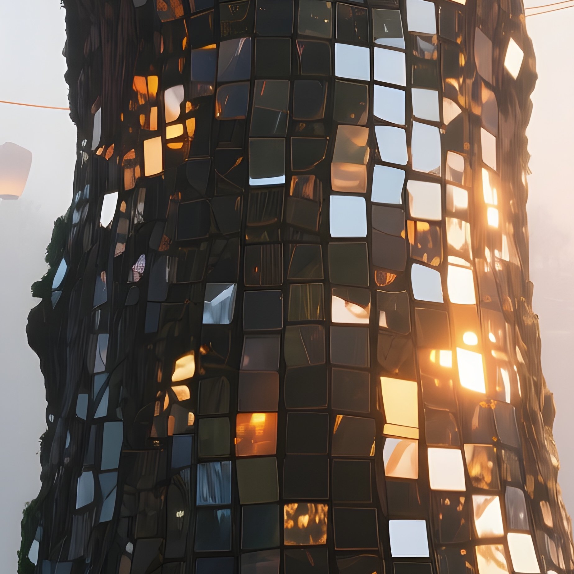 A Misty Forest Clearing At Dawn, A Colossal Tree Whose Bark Is Covered In Intricate Mosaics Of Tiny - Full Resolution Quality Preview